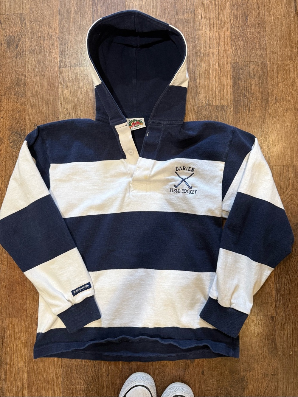 Vintage Barbarian Field Hockey Navy & White Stripe Hooded Rugby shirt medium